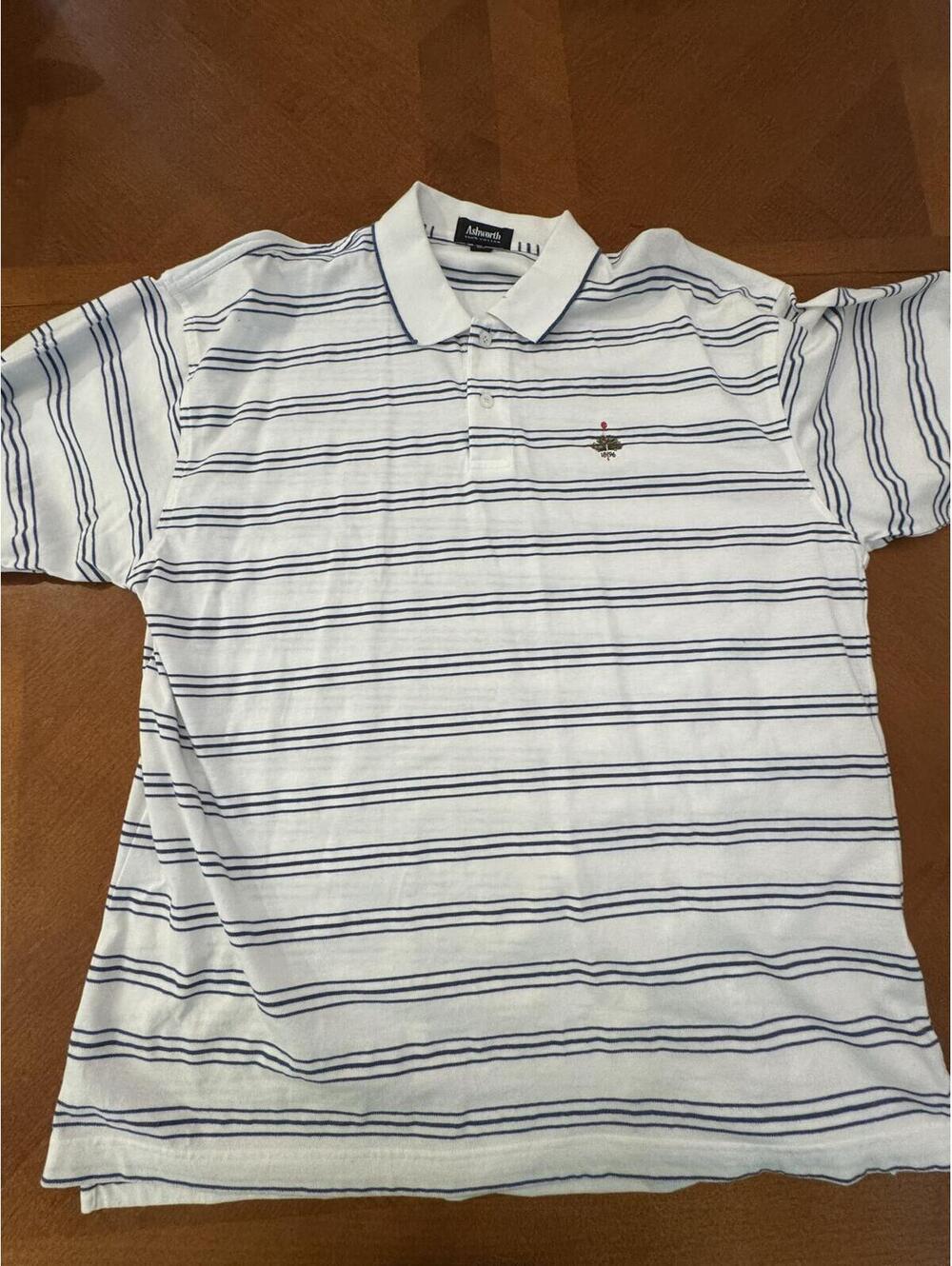 Vintage Ashworth Men's XXL White and Blue Striped Cotton Polo Shirt